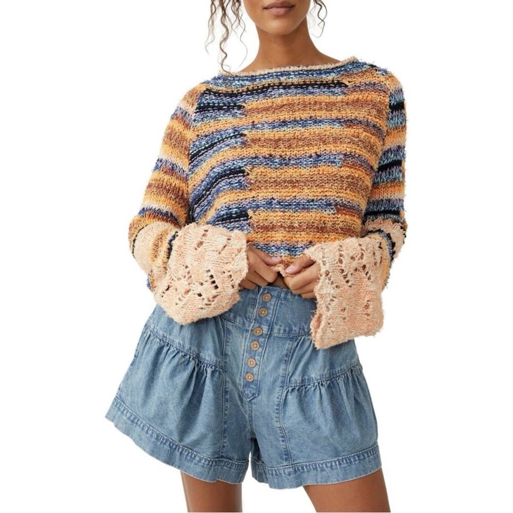 Free People Multicolor Striped Crochet-Sleeve Crewneck Sweater
